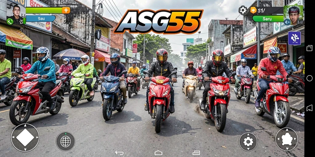 Screenshot gameplay ASG55 menampilkan aksi balapan motor yang cepat dan mendebarkan.