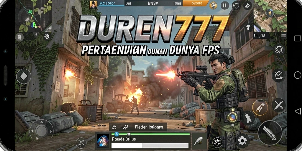 Screenshot DUREN777 menampilkan aksi pertempuran FPS yang seru.