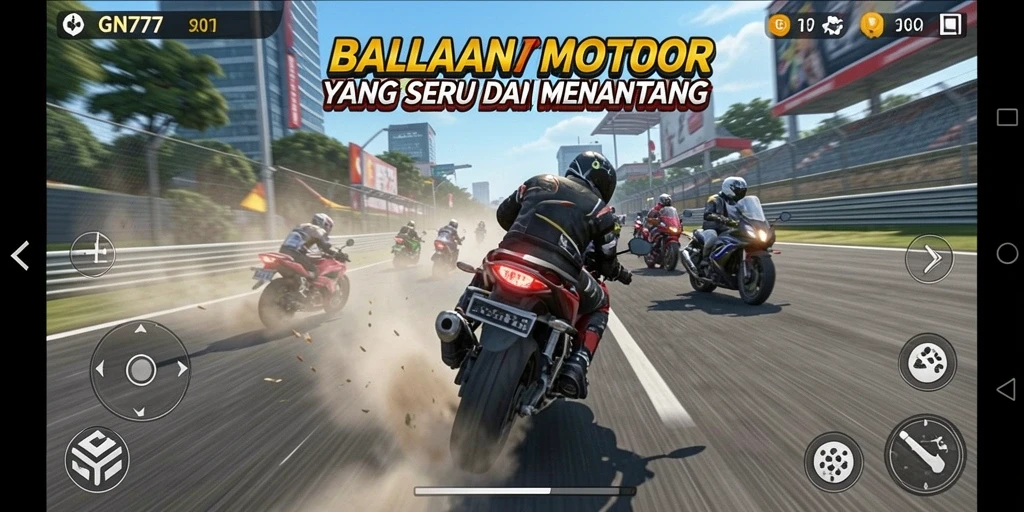 Gameplay menantang dalam GN777 dengan sepeda motor balap.