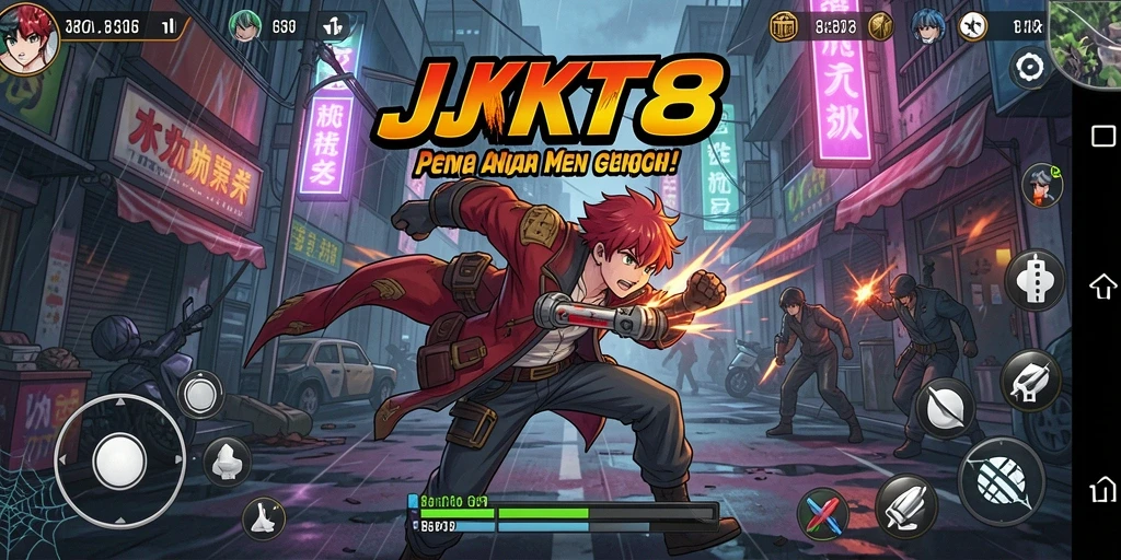 Tampilan gameplay JKT8 dengan karakter anime yang menarik.