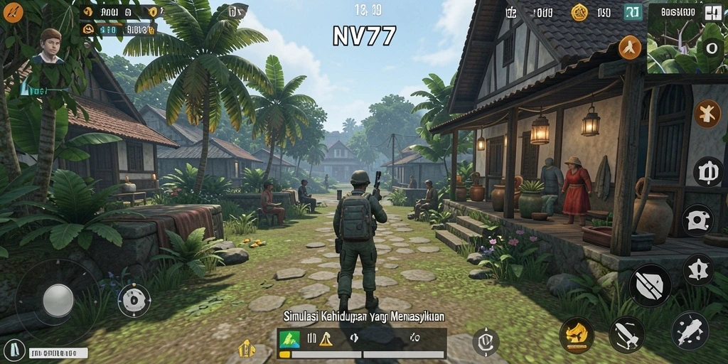 Tangkapan layar gameplay NV77 menunjukkan interaksi karakter dalam simulasi kehidupan.