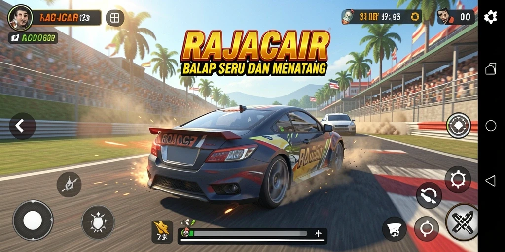 Screenshot gameplay RAJACAIR menampilkan aksi balap seru dan kendaraan yang dipersonalisasi.