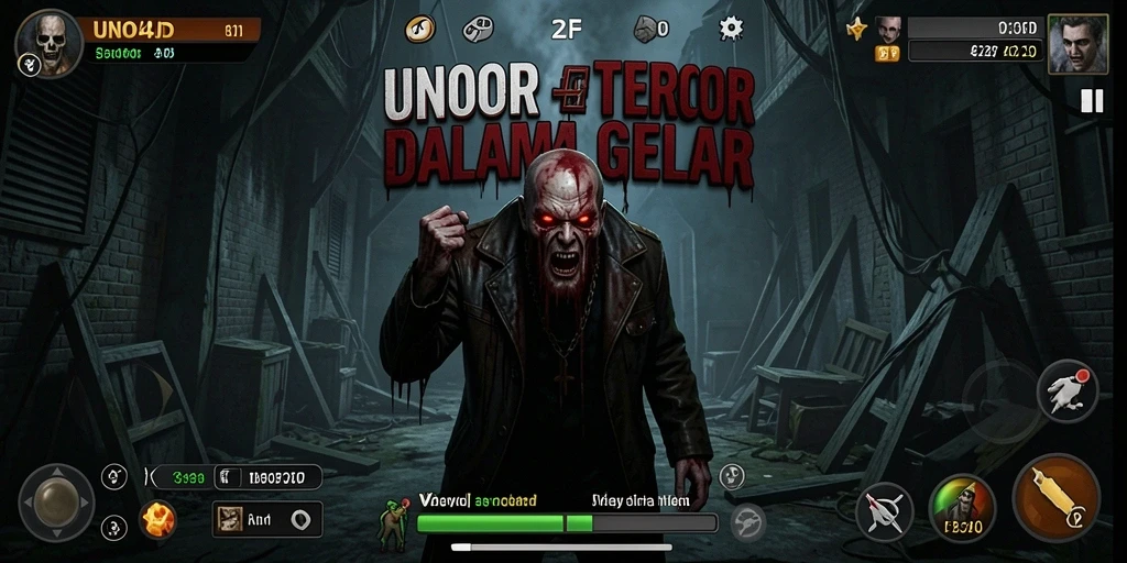 Screenshot dari gameplay seram UNO4D dengan suasana gelap dan menegangkan.